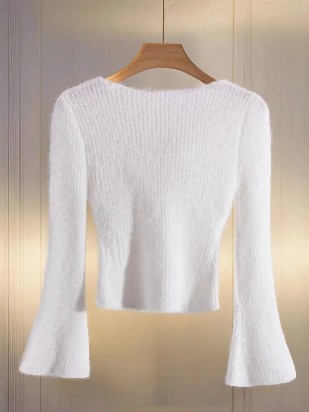 White Casual Women's Cowl Neck Rib-Knit Flare Sleeve Slim Top